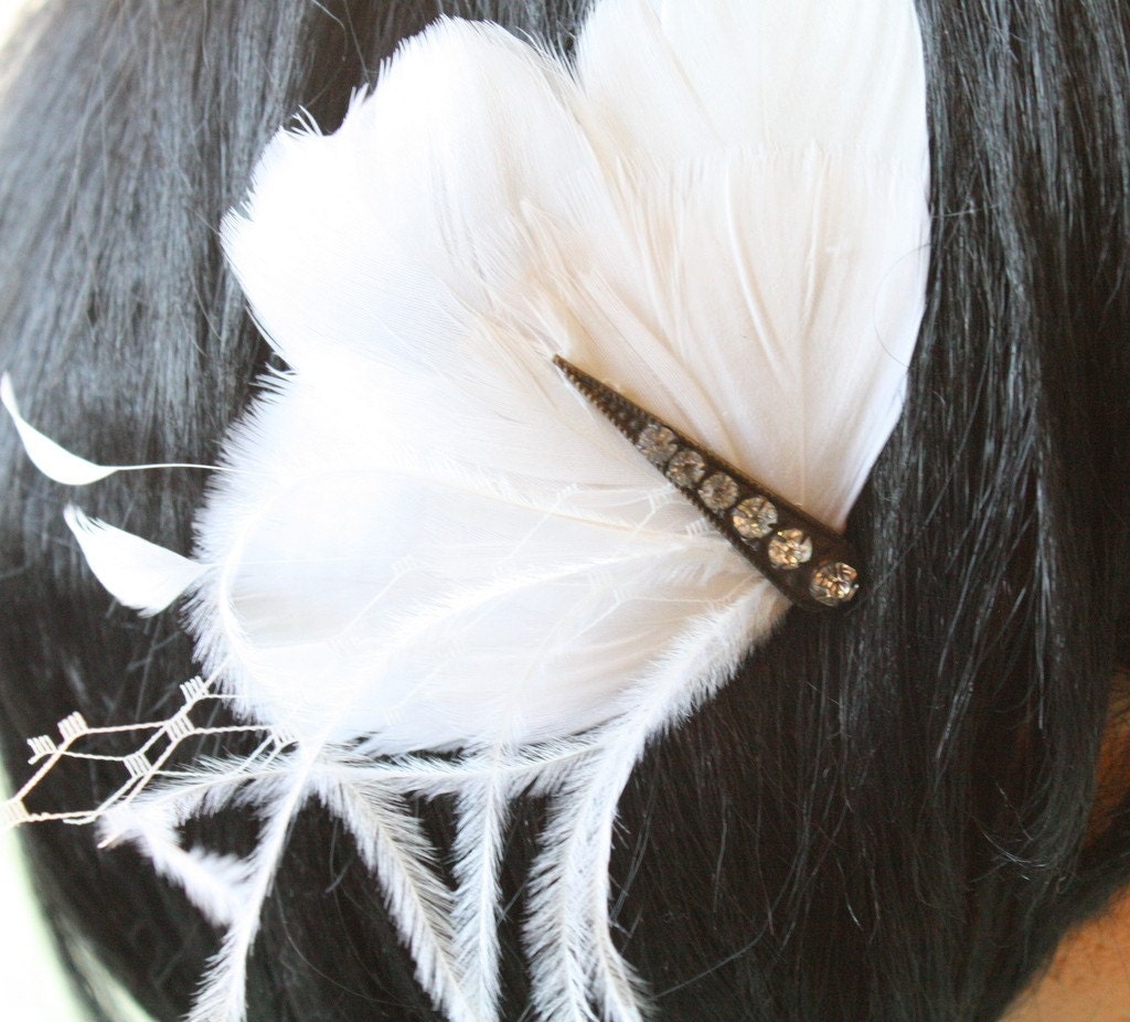 Maria - White Feather Wedding Fascinator with Antique Bronze Rhinestone Accent - In Stock