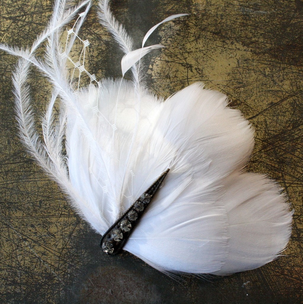 Maria - White Feather Wedding Fascinator with Antique Bronze Rhinestone Accent - In Stock