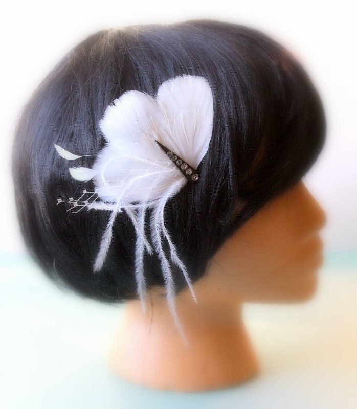 Maria - White Feather Wedding Fascinator with Antique Bronze Rhinestone Accent - In Stock