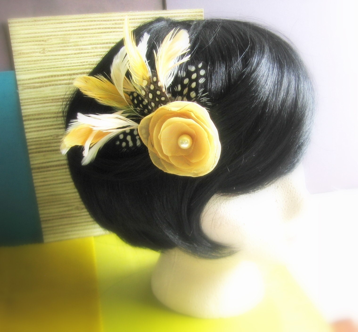 Hello Sunshine - Yellow Chiffon Flower Hair Clip with Feathers