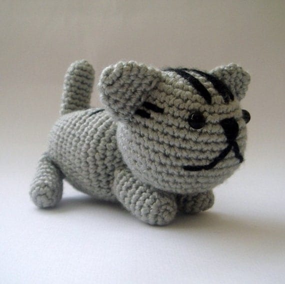 Grey Plush crochet Cat Christmas Hostess Gift. Stocking Stuffer