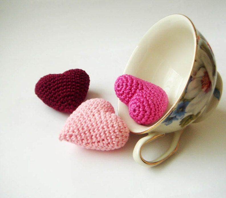 Crocheted pink valentine hearts set of 3
