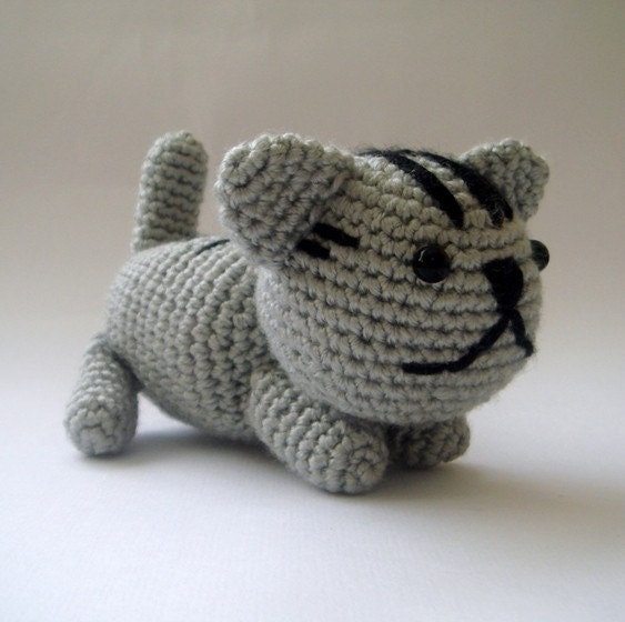 Grey Plush crochet Cat Christmas Hostess Gift. Stocking Stuffer