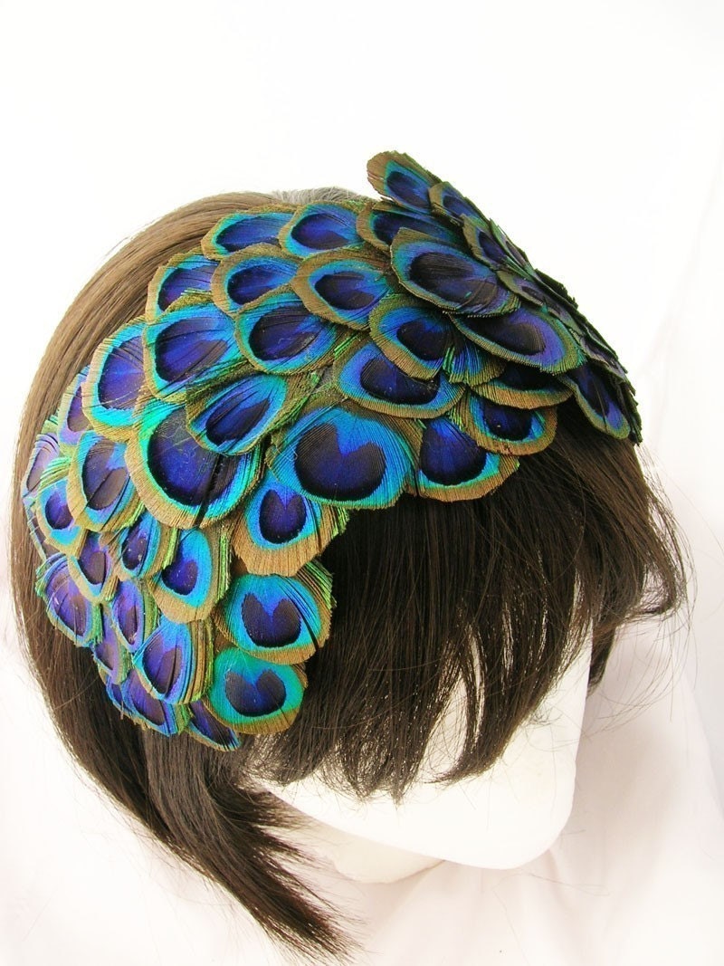 Peacock feather fascinator (Wholesale 3 Piece Lot) REGINA design Bonnet style of over 60 peacock feather eyes from ear to ear