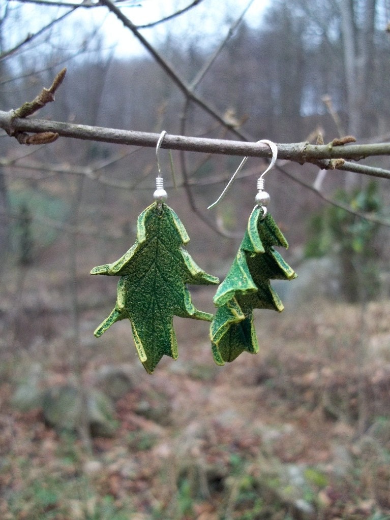 Green Leather Oak Leaf Earrings