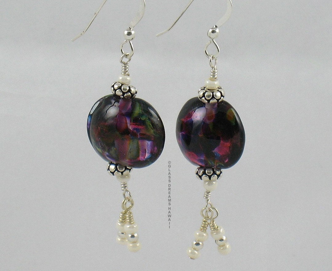 Handmade Lampwork Lentil Dangle Earrings, Fuschia, SRA, OOAK, LE Team