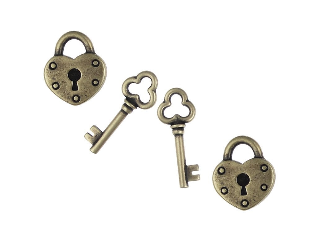 4 Piece Set TierraCast Heart Lock and Key Charm  - Vintage Style Antique Brass Oxide Finish
