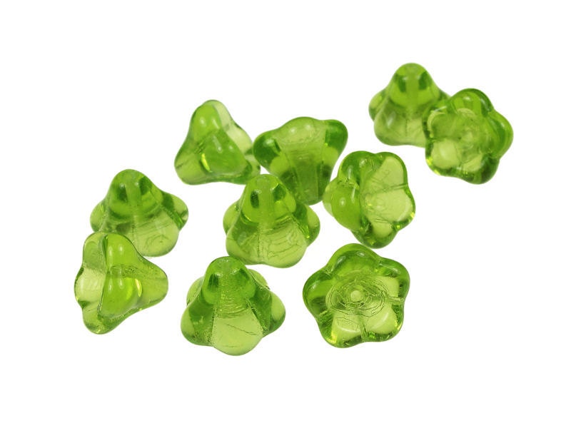 Peridot Flower Beads 10 Peridot Green Leaf Green Lime 11mm x 13mm Czech Glass Jablonex Bell Flower Beads