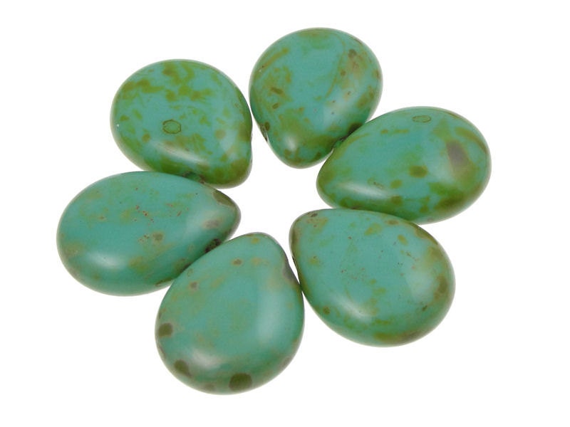 6 Turquoise Green Briolettes Czech Glass Teardrops Opaque Turquoise Picasso Beads Briolette Beads 16mm x 12mm Pressed Glass