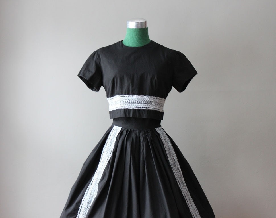 1950s Black and White Embroidered Sundress with Matching Top