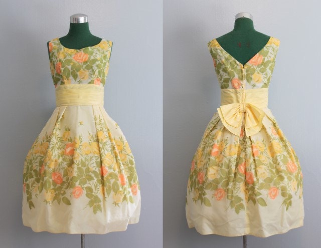 1960s Party Dress / Vintage Dress / 60s Yellow Rose Party Dress