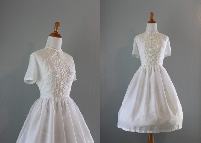 50s Dress / 1950s Sheer White Dress / Vintage 50s Embroidered Dress