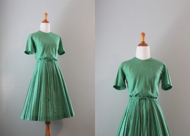 50s Dress / 50s 60s Green Gingham Day Dress / 1950s Checked Dress