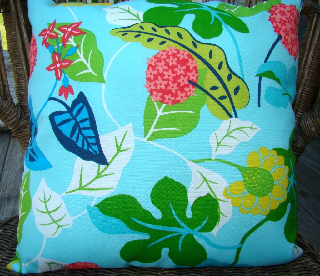 Turquoise blue indoor outdoor pillow modern floral