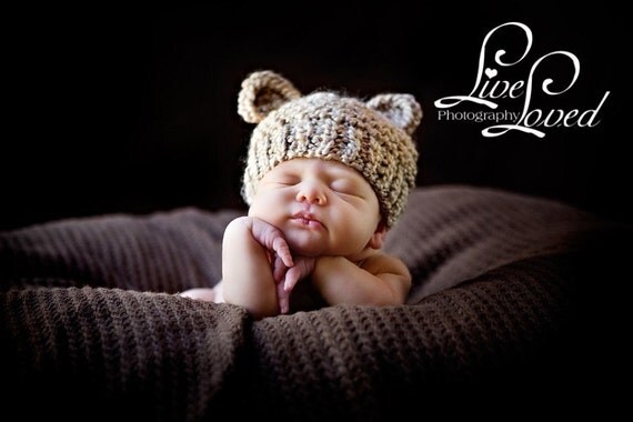 Baby Girl Hat or Baby Boy Hat Hand Knit Bear Hat To Match Cocoon Photo Prop