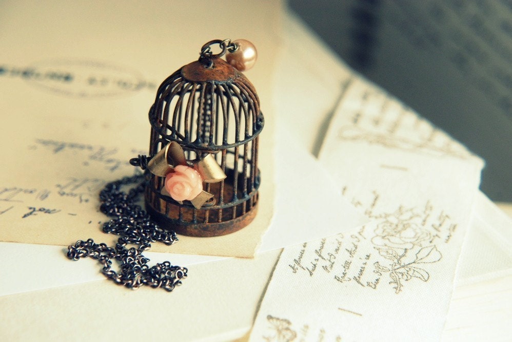 Dreams Kept. Whimsical bird cage and bow necklace. limited edition. only 5 left for sale