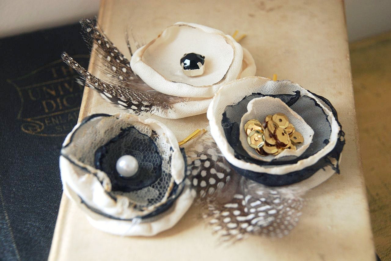 curious conversations. sequin and feather flower bobby pins. reserved for lizz
