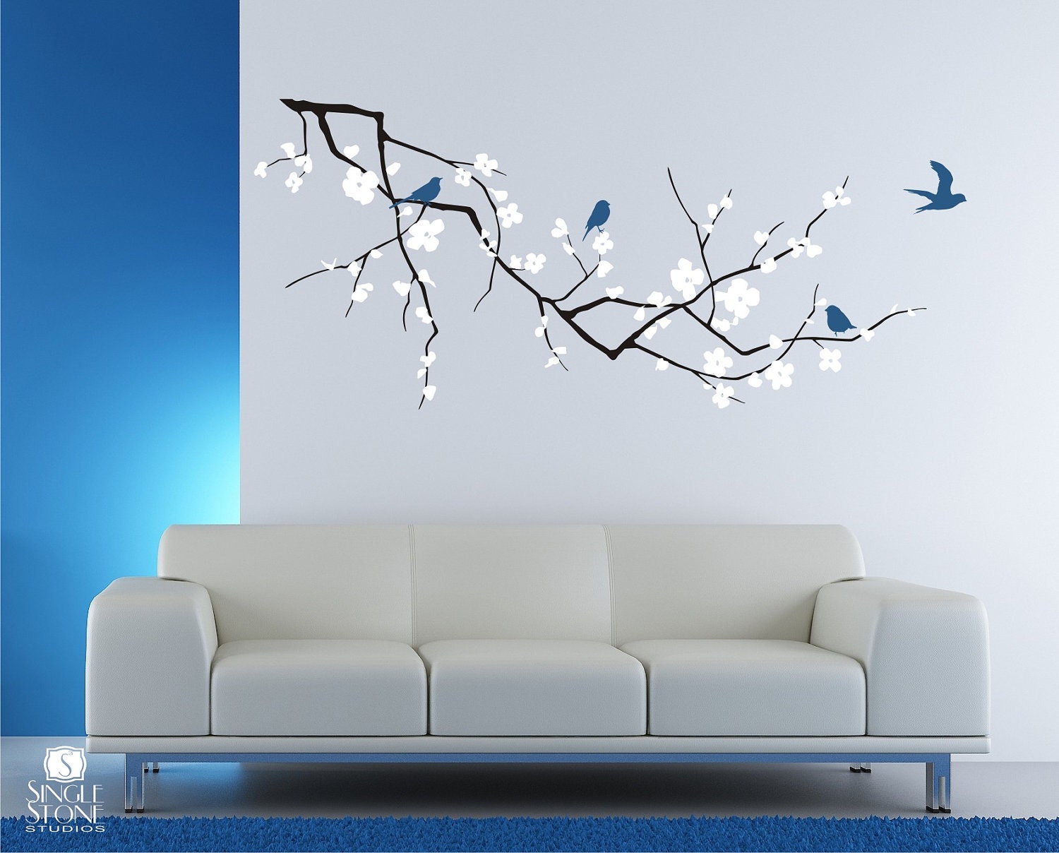 Cherry Blossom Wall Decals Branch with Birds (3 Colors) - Vinyl Tree Wall Art