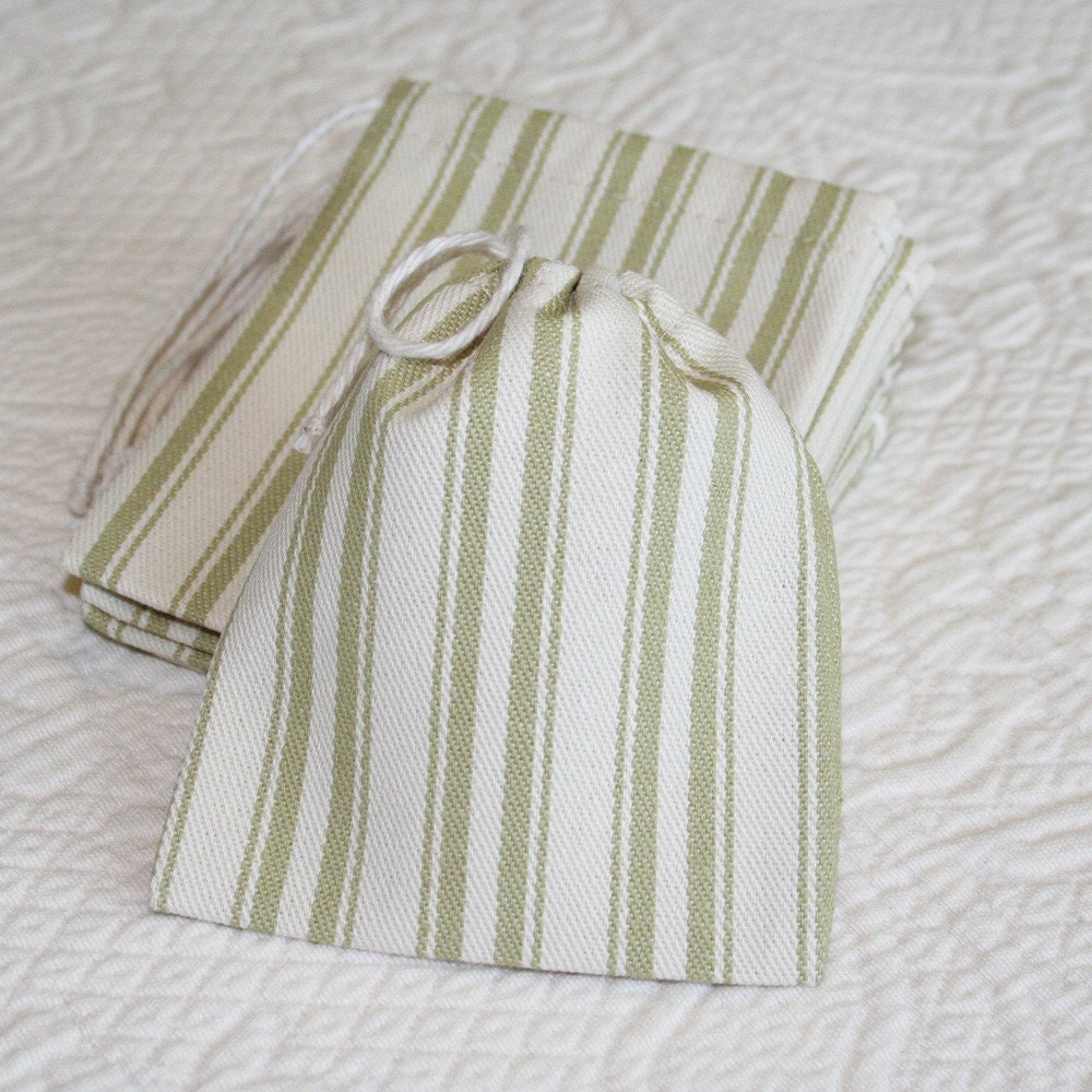 Green Tea Ticking Stripe Drawstring Bags, Pouches, set of 12, 3.5 x 4 inches