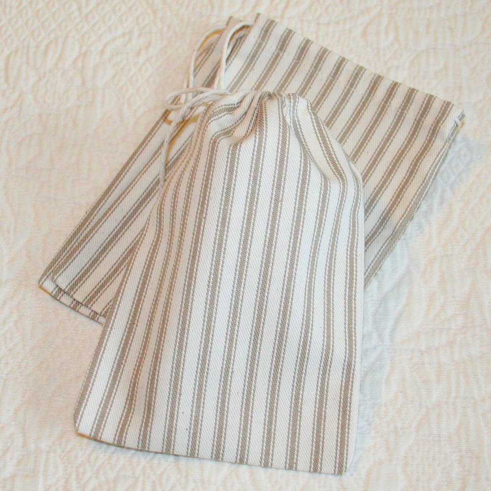 Beige Ticking Stripe Drawstring Bags, Pouches, set of 3, 4.5 x 6.5 inches