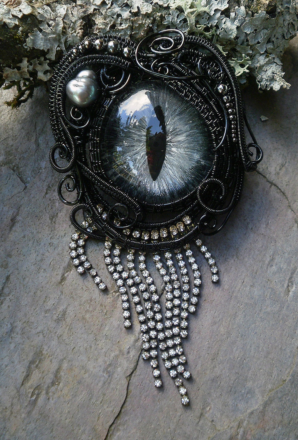 Gothic Steampunk Black Evil Eye Pin Pendant in Black and Silver
