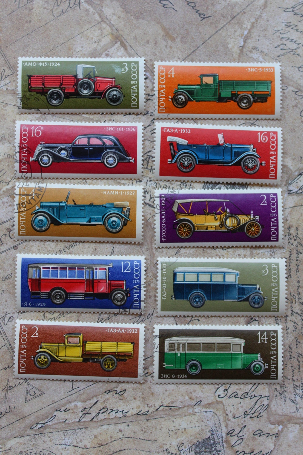 10 Vintage 1970s USSR postage stamps of classic Vintage Automobiles