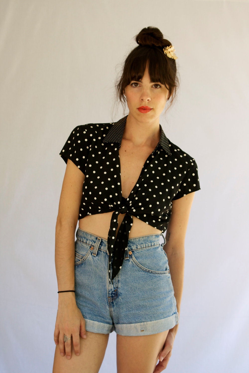 1990s Polka Dot Crop Top with Tie Size S-M