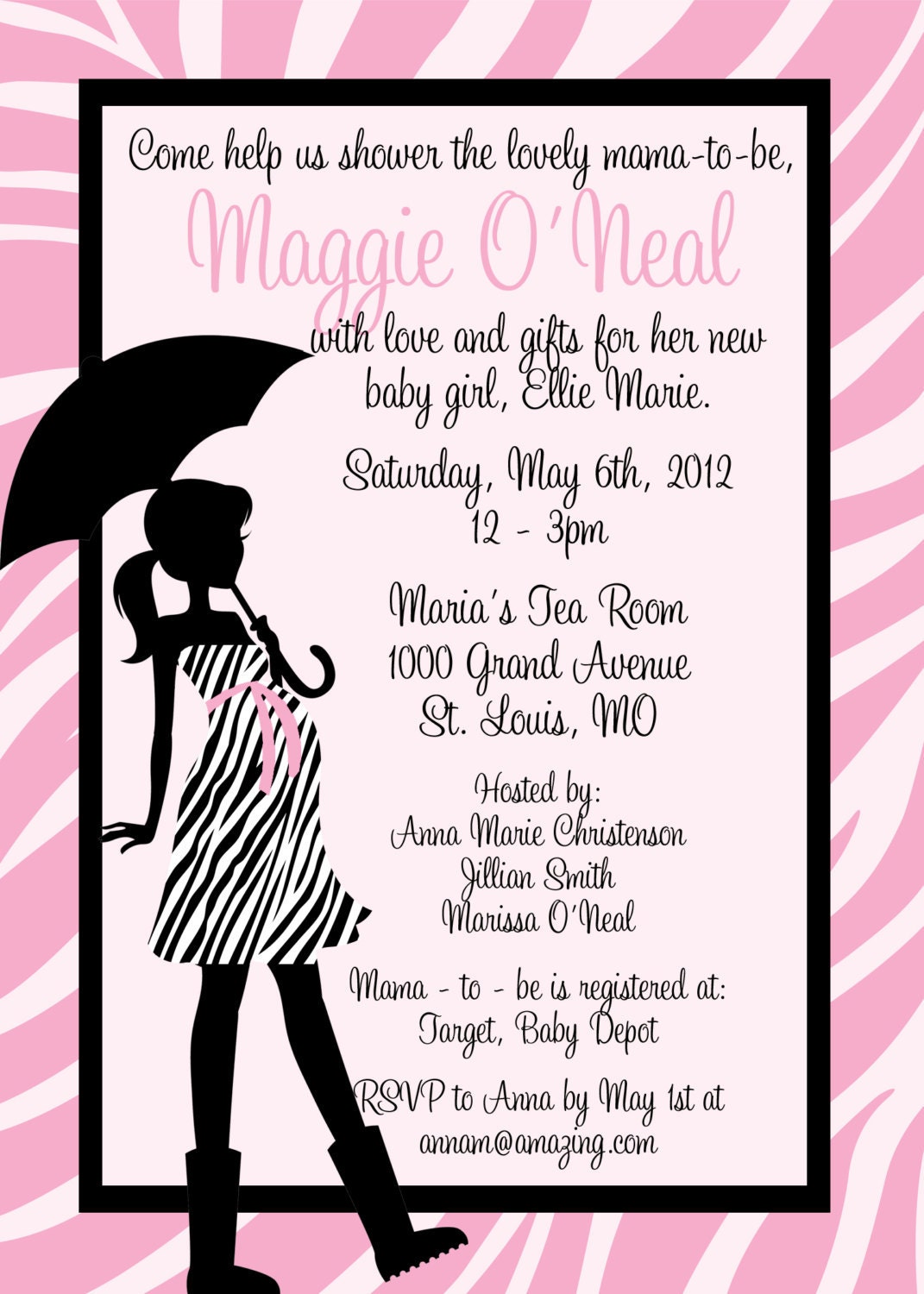 Sweet Baby Zebra Baby Girl Shower Invitation - Customizable and Printable