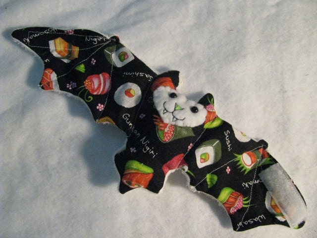 Sushi Design on White Fur - Bat Stuffed Animal, Cup Sleeve, Coffee Cozy