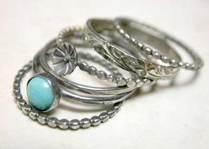 Sterling Silver Stacking Rings with Flower Bud and Turquoise Cabochon