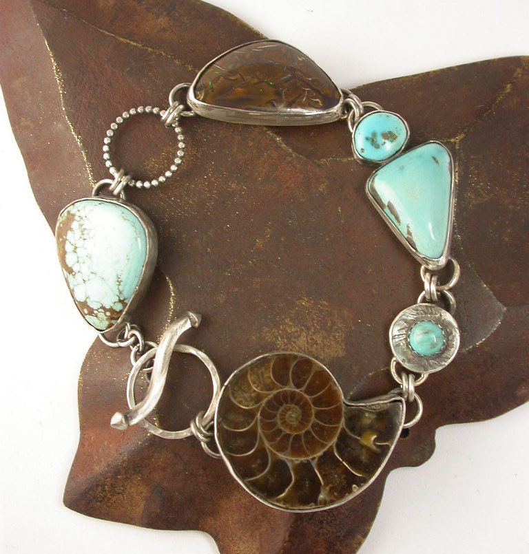 Ammonite Fossil Koroit Boulder Opal and Turquoise Cabochon Multi Stone Linked Bracelet