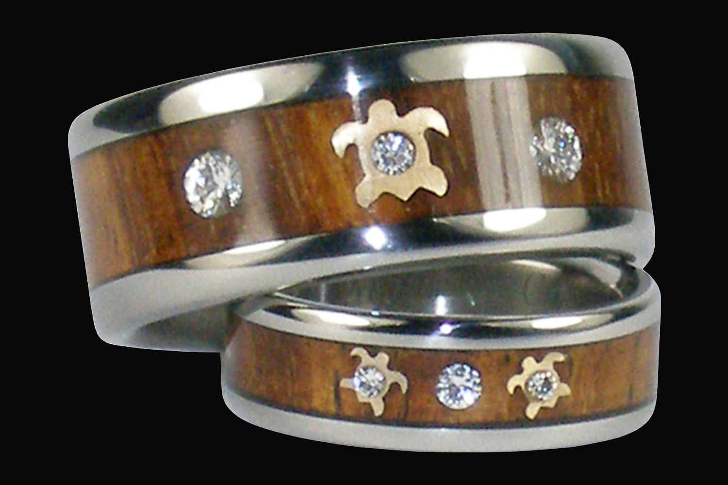 Custom Titanium Ring Set embedded with Gold Turtle, Three Diamonds and Hawaiian Koa Wood