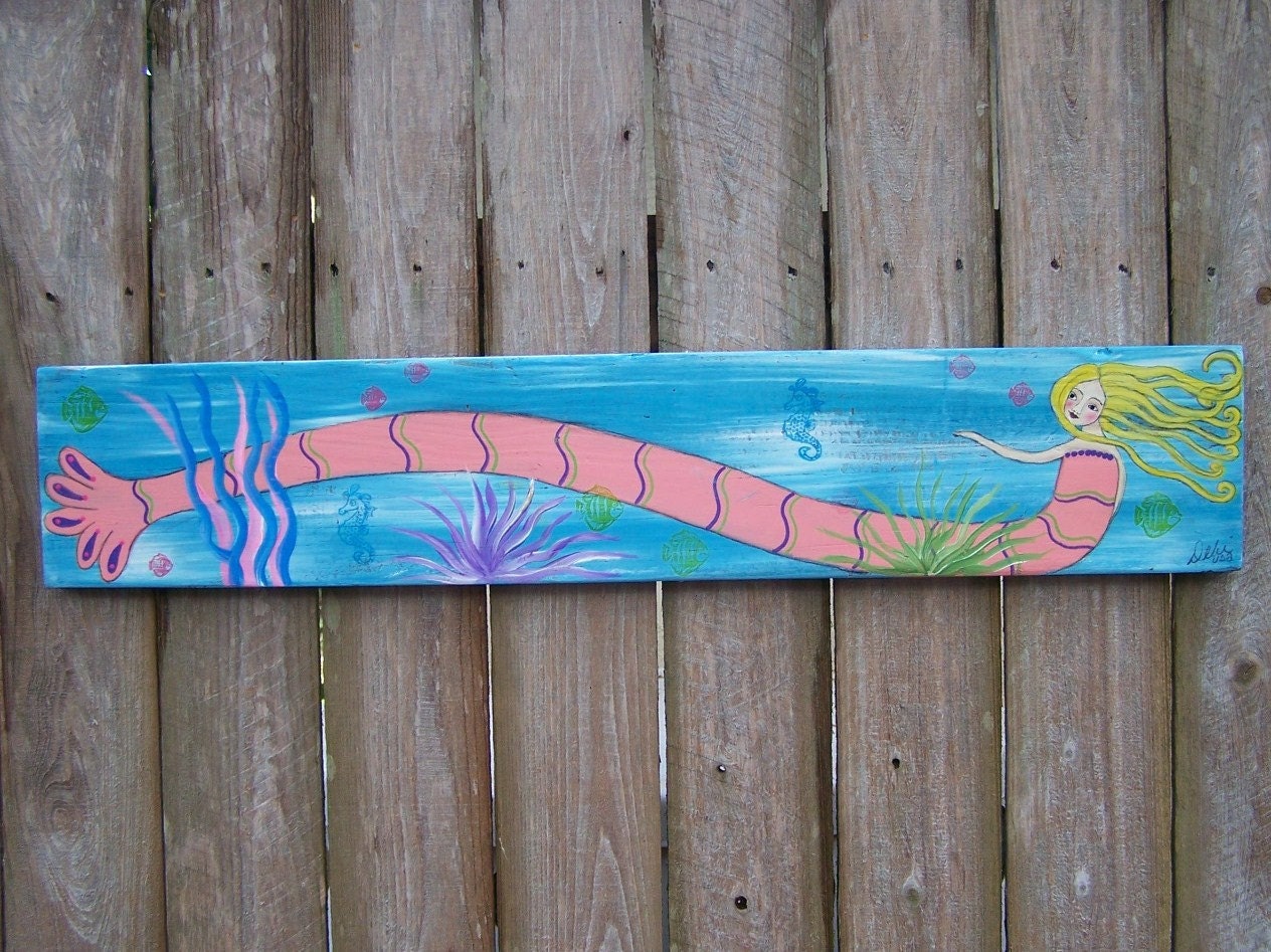 Folk Art Mermaid Mixed Media Painting  29" x 5 1/4" Salvaged Wood FREE SHIPPING lower U.S.