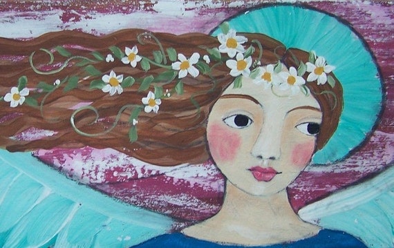 Folk Art Angel Original Painting 24" x 5 1/2" on Salvaged Wood