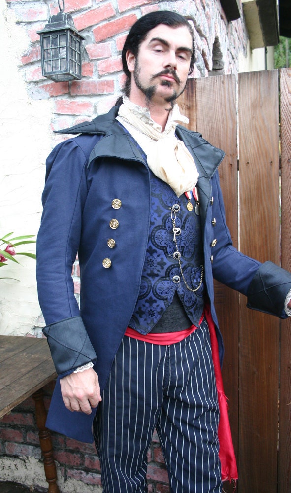 Royal Blue Linen and Black Swallowtai Steampunk Pirate Wedding Jacket