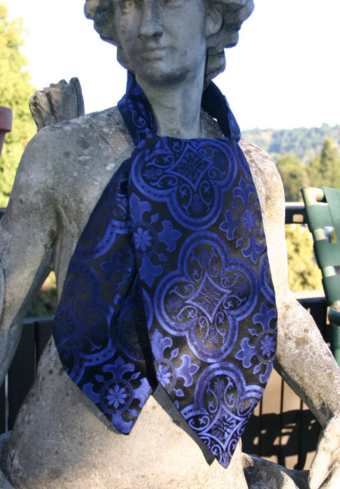 Black and Royal Blue Medieval Pattern Silk Brocade Ascot