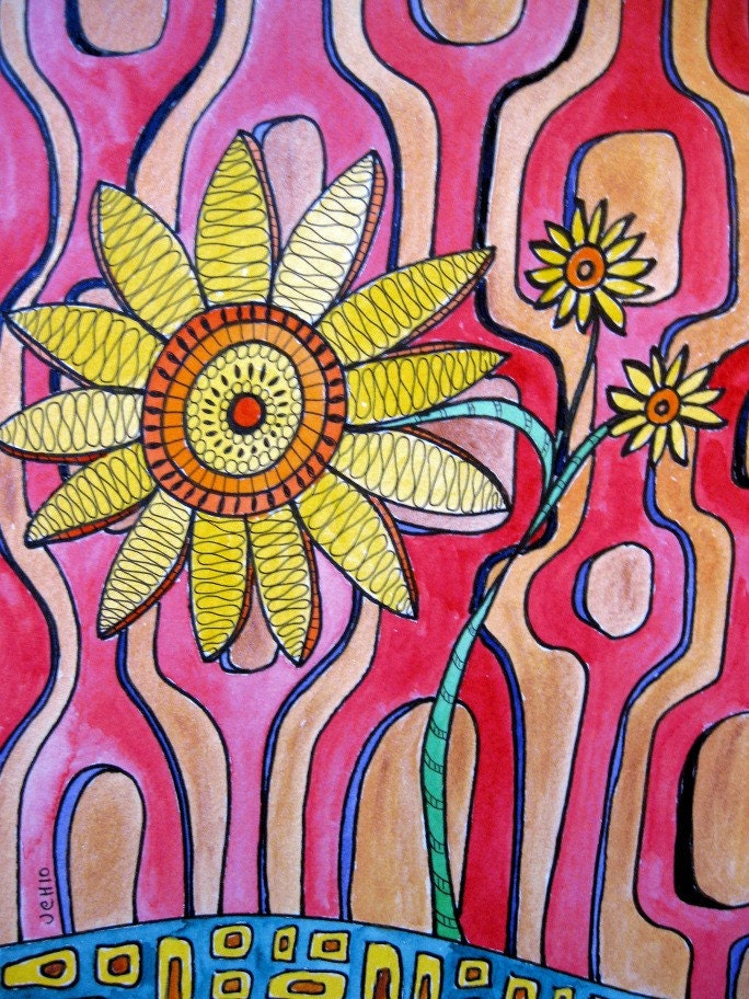Retro Flower Watercolor Drawing