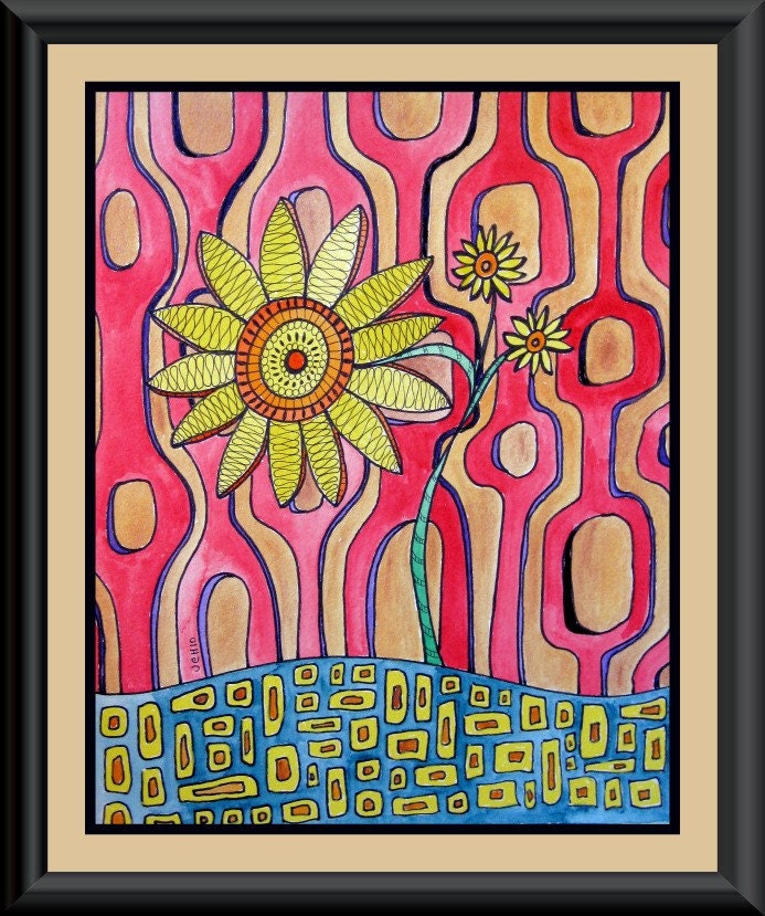 Retro Flower Watercolor Drawing