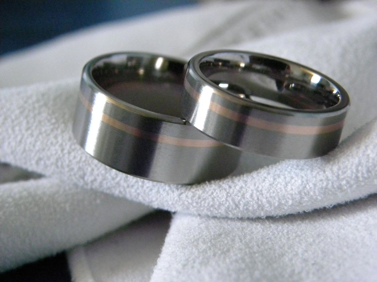 Ring SET Matching Wedding Bands Titanium with Offset Rose Gold Stripe