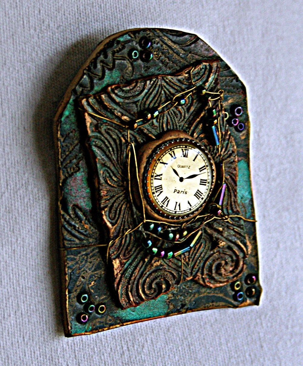 Clay Embossed Clock Pin, Blue, Purple and Green