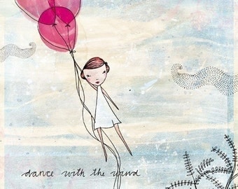 Dance with the wind -  art print, featuring red head girl with red baloons