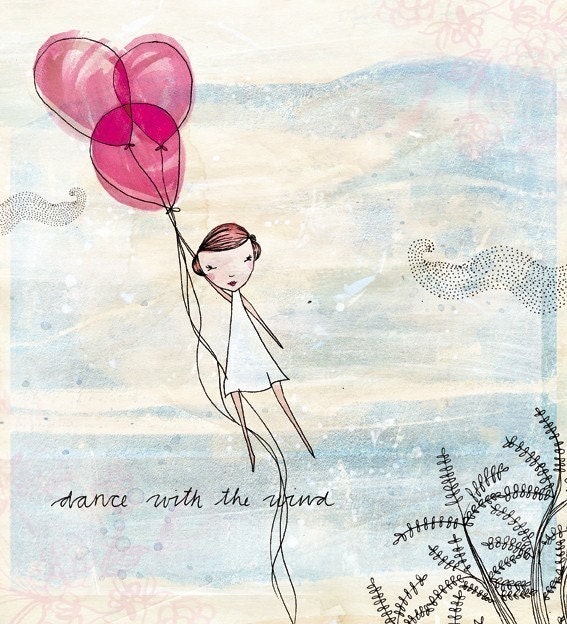 Dance with the wind - art print, featuring red head girl with red baloons