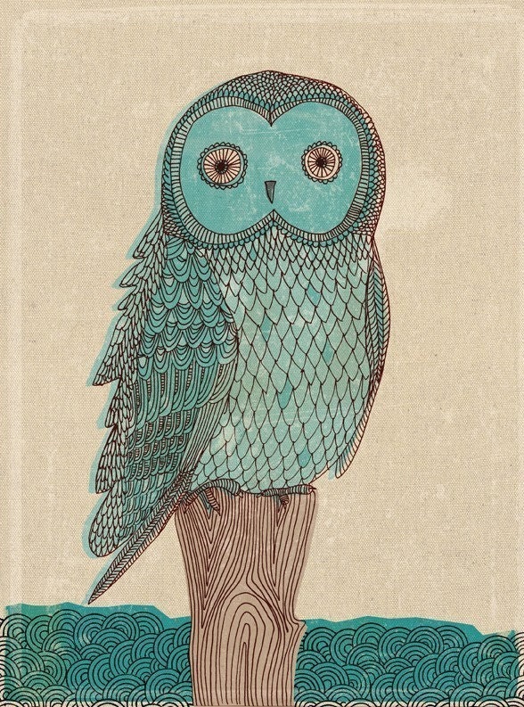 owl in blue monotone - fine art print - a Sweet William illustration on archival paper.
