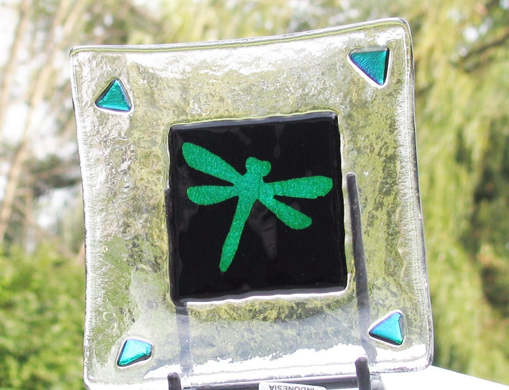 Dichroic Dragonfly on square fused glass dish - small glass dish  (1273)