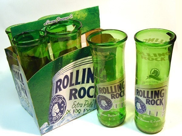Drinking Glass beer Bottles, Rolling Rock Recycled Glassblowing, Eco Friendly