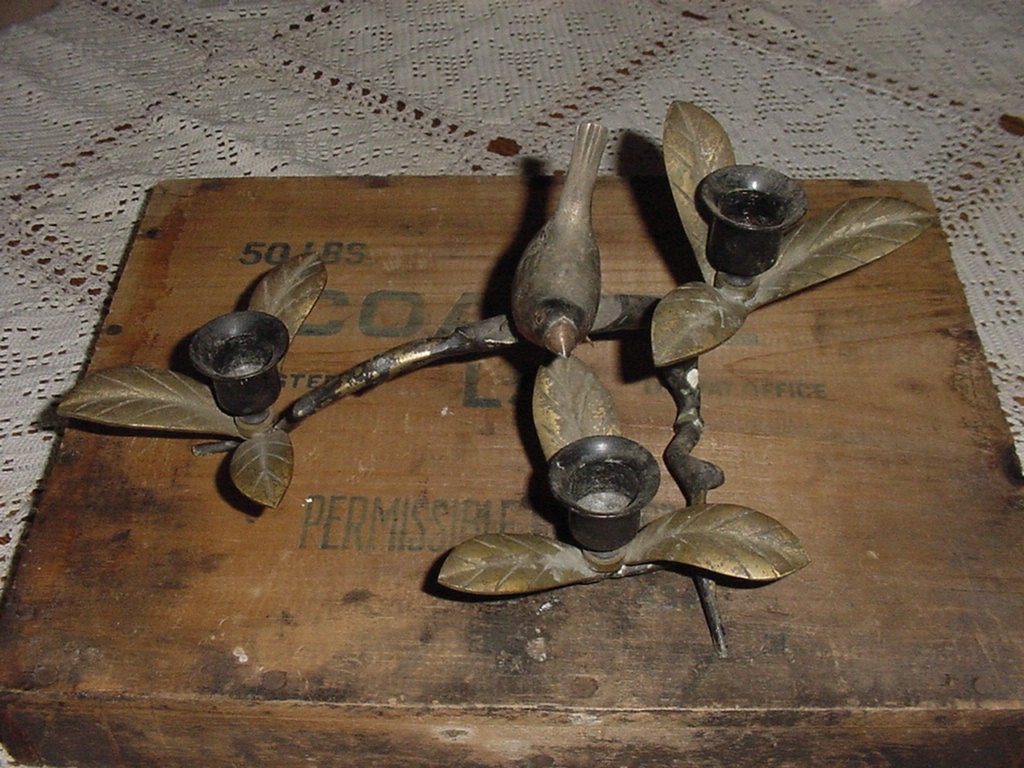 Vintage Cast Metal Vine Bird Candle Holder - Art Deco Look - JAPAN