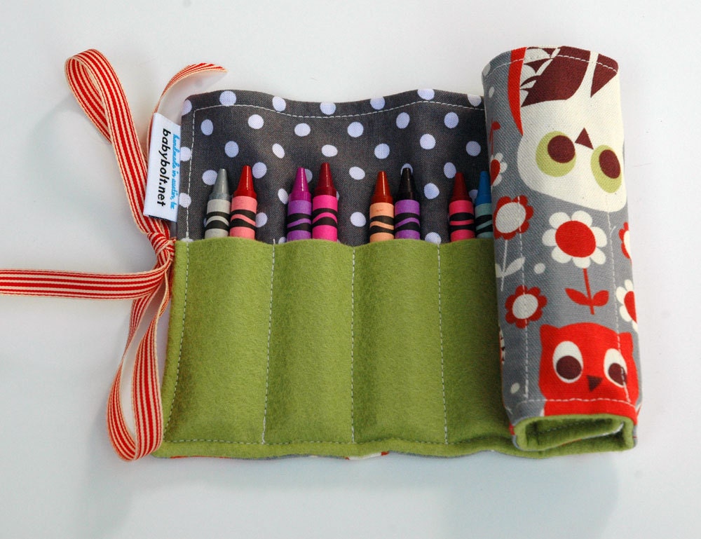 Owls and Flowers in Gray, Tangerine, Cream, and Margarita Crayon Roll Back to School Gift - babybolt