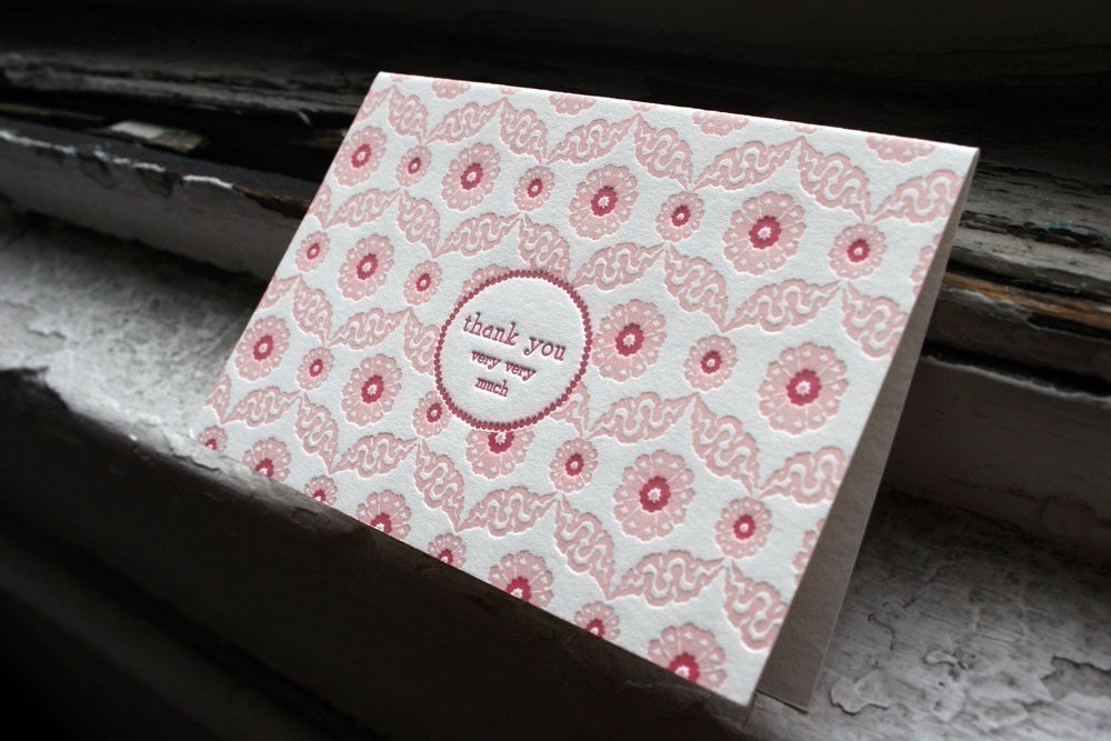 Letterpress Thank You Note Cards - Thank You Very Very Much. Bamboo paper, patterned envelopes, set of 6 cards. 4-73T