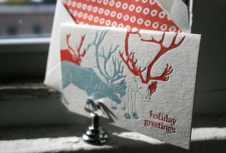 Letterpress Holiday Cards - Reindeer. Bamboo paper, patterned envelopes, set of 6 cards. 4-27T