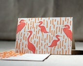 Letterpress Note Cards - Heron. Bamboo paper, patterned envelopes, set of 6 cards. 4-H4U